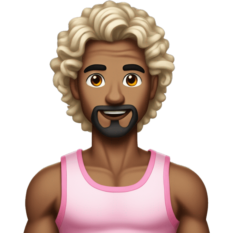 tanned, skinny, feminine-looking young man with long curly black hair, a devil-like chin beard, a big nose, black lipstick and wearing a pink tanktop emoji