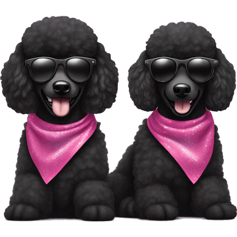 Two BLACK poodles wearing sparkling sunglasses with a big smile. Also with a bandanna around its neck. Both Dogs needs to be all black emoji