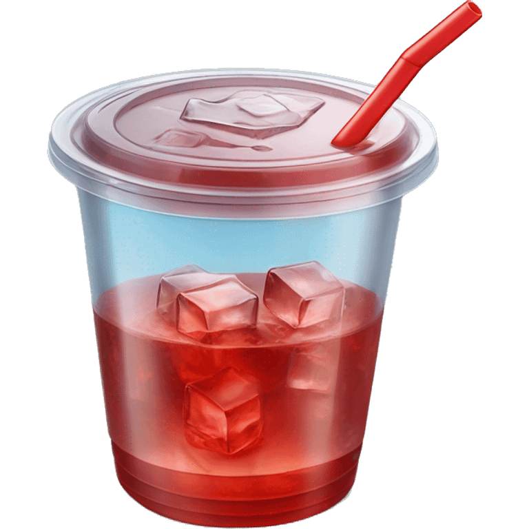 Realistic plastic cup and lid with Transluscent red soda and large ice cubes inside and one straw through the top of the lid. emoji