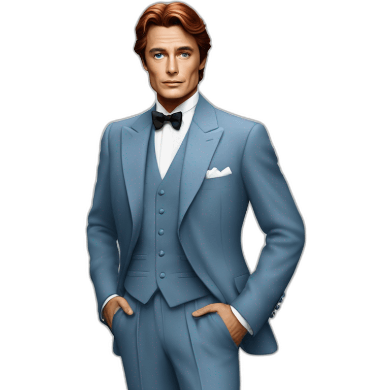 Alain delon blue eyes red hair classy elegant outfit full body emoji