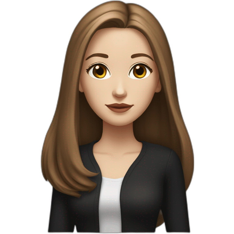 a white girl with an elongated oval face, brown long straight shoulder-length hair, brown narrow eyes, nasolabial folds, in black clothes, with a feline look, hyper realistic emoji