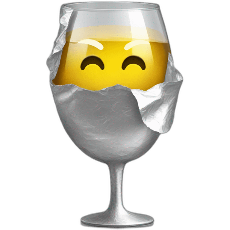 A reflective, very crinkled and wrinkled aluminum foil hides a wine glass shape, like a stemmed wine glass emoji