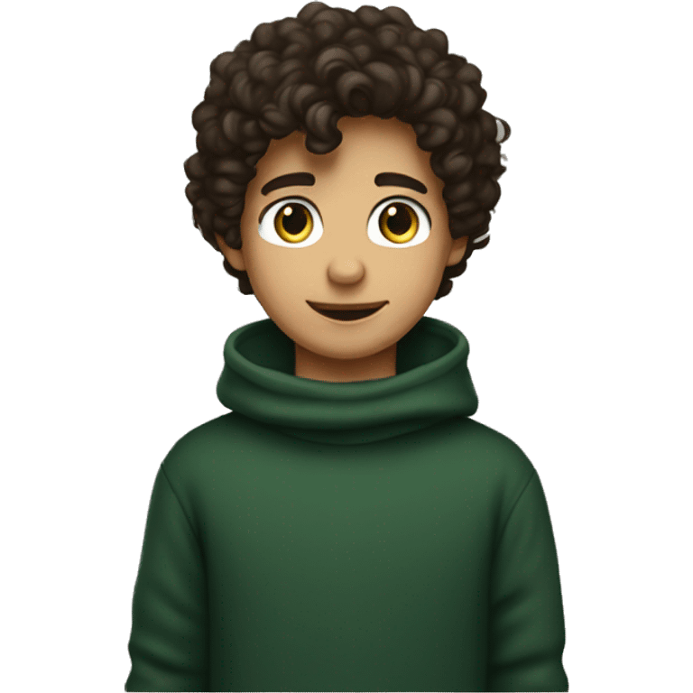 winter, christmas, young boy, short curly brown hair, brown eyes, hispanic, dark green sweater, full body emoji