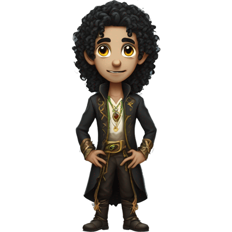 a modern witchdoctor male elf long black curly hair, emoji