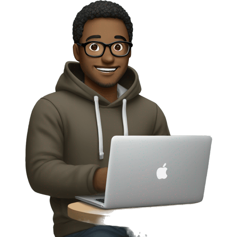 a designer in glasses and a hoodie holds a mac book in his hands emoji