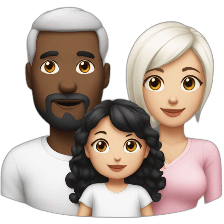 Black hair mum and dad, one baby girl, one black cat on white cat  emoji