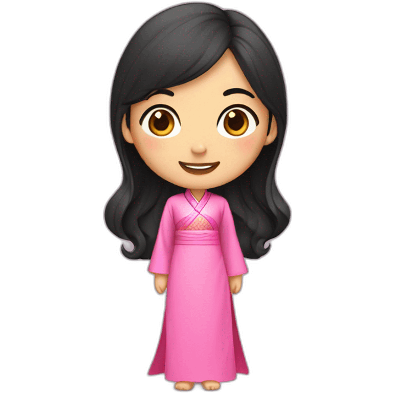 asian girl smiling, wavy black hair posing with pink ao dai full body side pose emoji