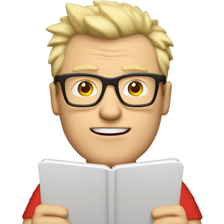 Nerdy middle aged white man with short blond spiky hair looking confused and wearing glasses and a red tee shirt holding a tablet emoji