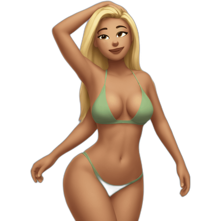 Slim-thicc Caucasian woman bikini hands in hair pose (beach body) emoji