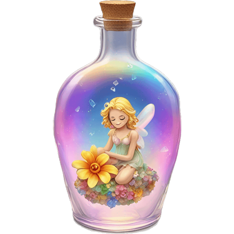 Antique oil heart bottle made of crystal glass of all gentle colors of the light rainbow, a living flower fairy sits at the bottom of the bottle emoji