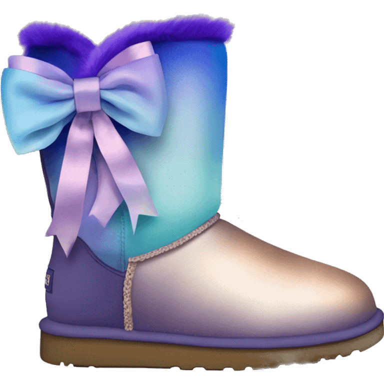 Realistic pair of blue ,purple,and taupe  ombre grunge Ugg fur boots with rose gold silk ribbon bows. emoji