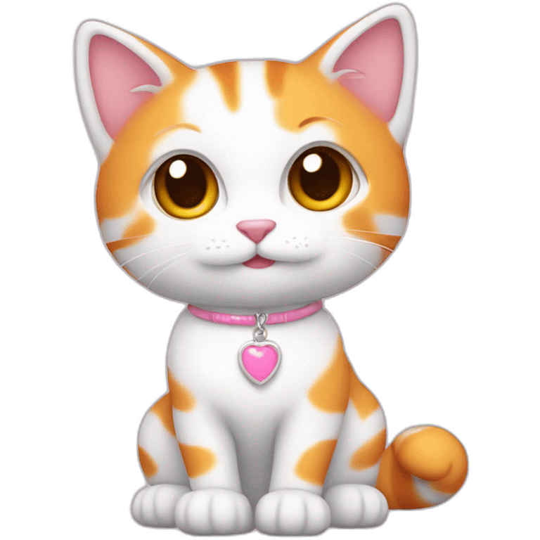 full body white orange cat cute with a small brown eyes and a paw pink necklace emoji