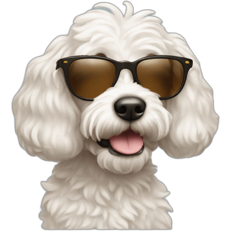 White cockapoo wearing sunglasses brown nose emoji