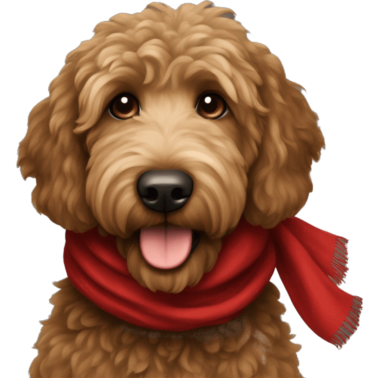 A very dark brown golden doodle with long fur wearing a red scarf emoji