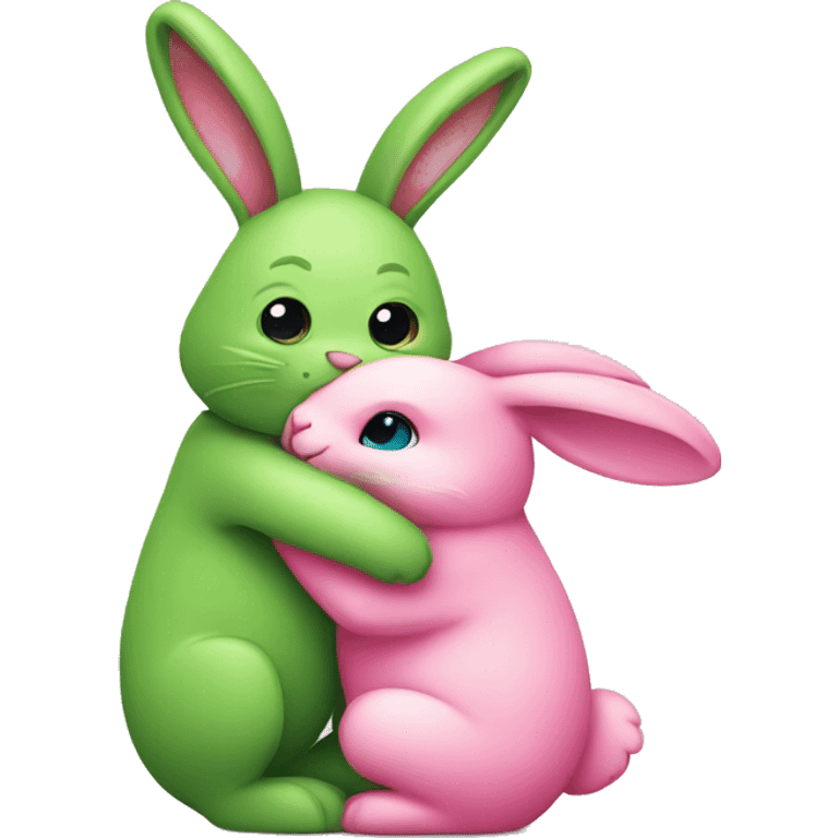 Green bunny hugging pink bunny emoji