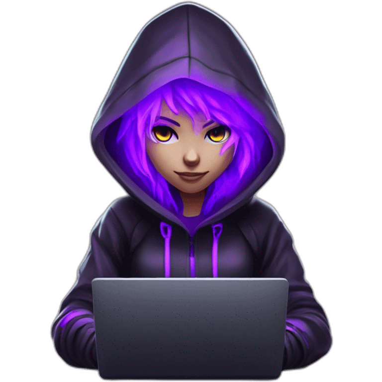 Girl developer behind his laptop with this style : Crytek Crysis Video game neon glowing bright purple character purlple black hooded hacker themed character emoji