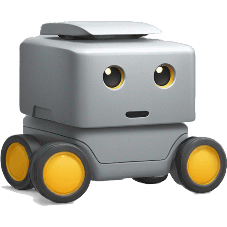 solid horizontal rectangle gray delivery robot with white circle white led eyes and opening lid on 4 wheels, minimalistic design emoji