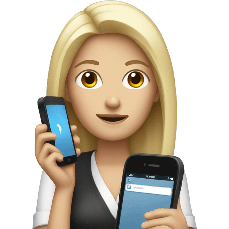 white woman holding big phone emoji