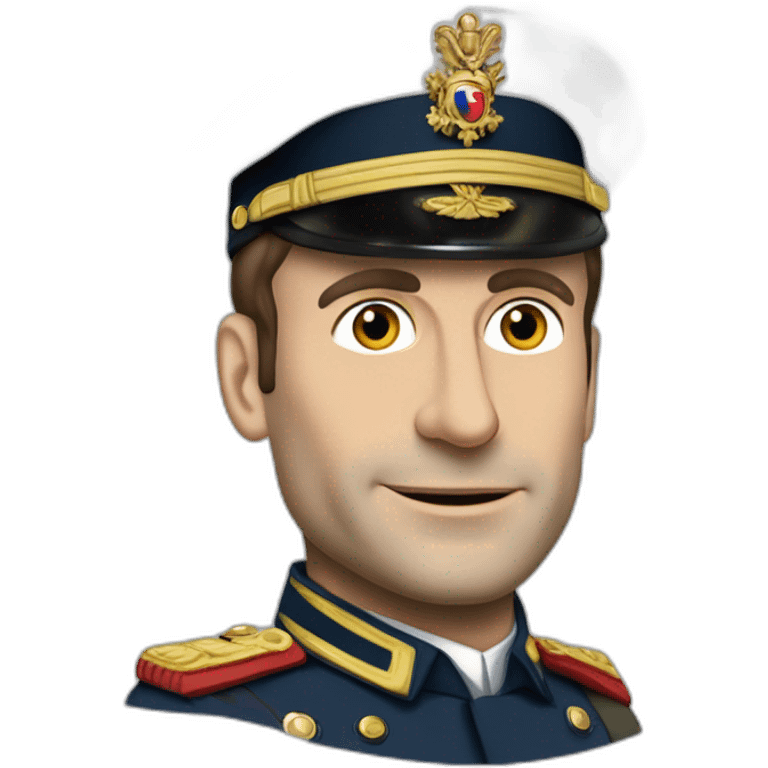 Emmanuel Macron dictateur en tenue militaire avec un aire sérieux emoji