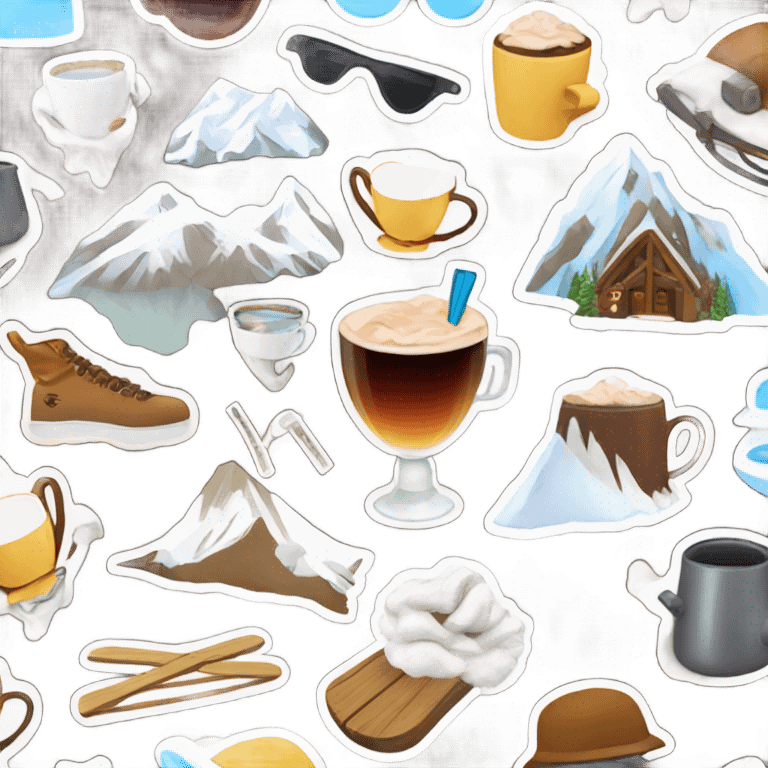 I want ski themed stickers so mountains, ski equipment, hot chocolate  emoji