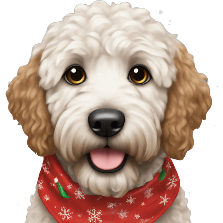 Black golden doodle wearing a Christmas bandana emoji