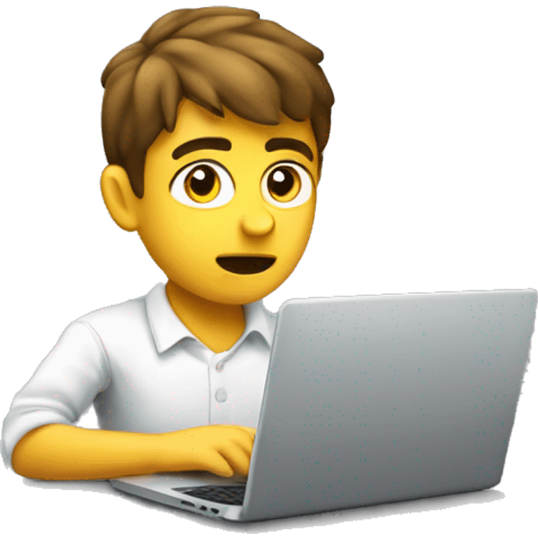 a young developer looking confused on laptop with a ? sign. generate it from sideways angle emoji