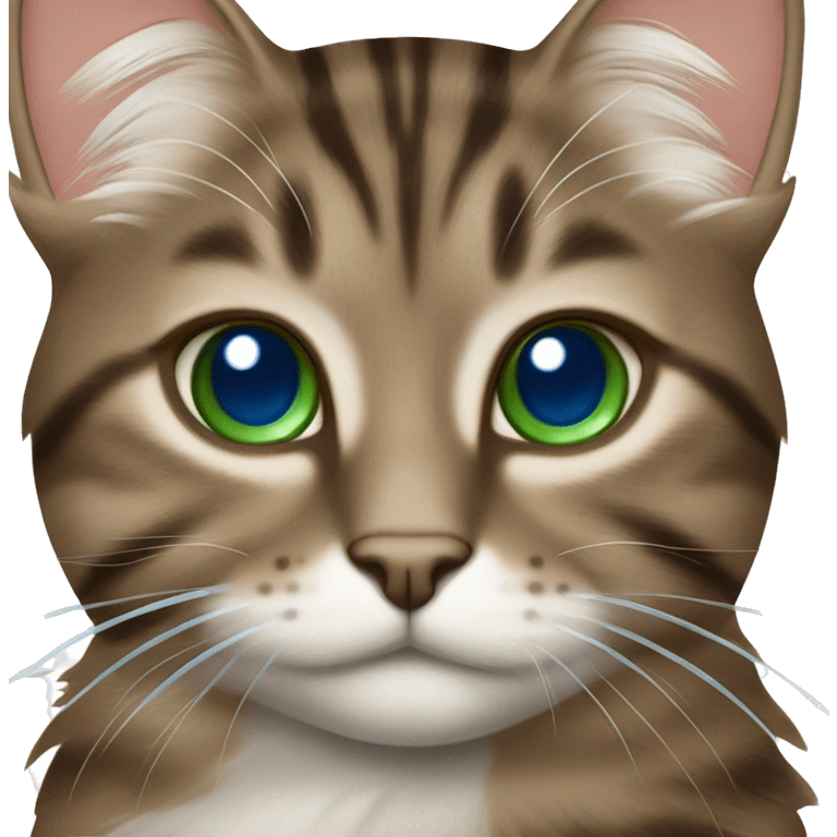 Cheeky fluffy brown tabby cat with white nose and blue green eyes  emoji