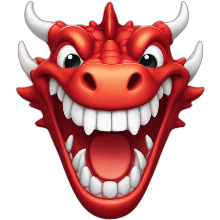 Crazy Happy funny red dragon head with human white teeth and beautiful smile emoji