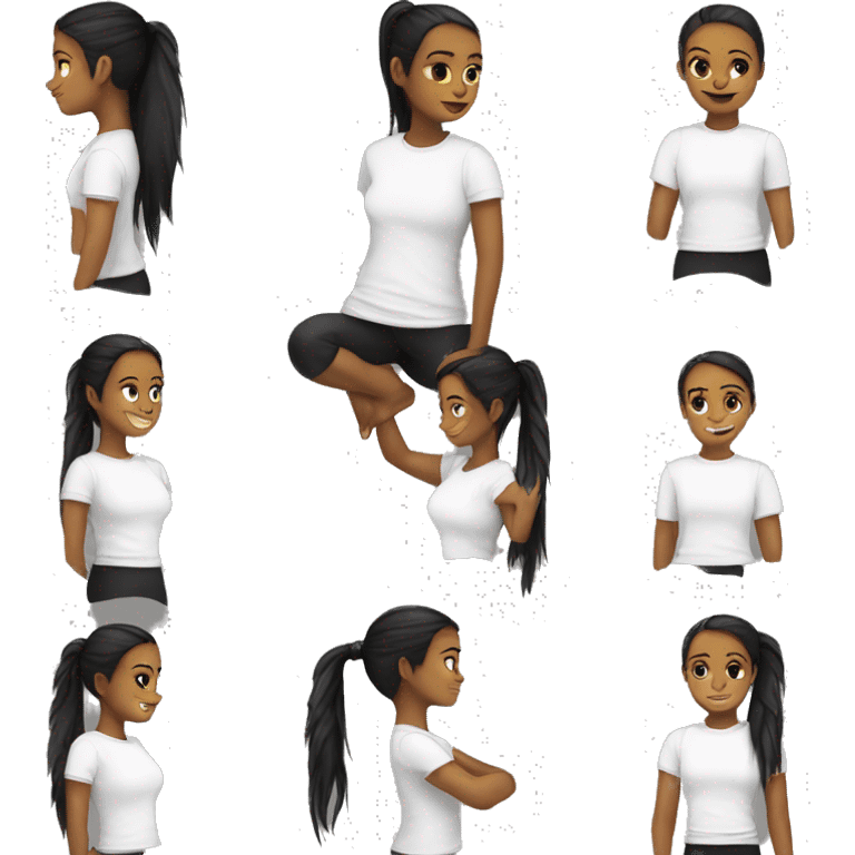 Girl will black pony tail white tee shirt yoga emoji