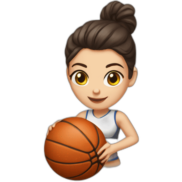 White skin brunette female playing football with very small basket ball emoji