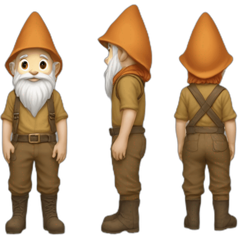 side view of gnome with light tan pants and boots squatting on top of small brown mud emoji