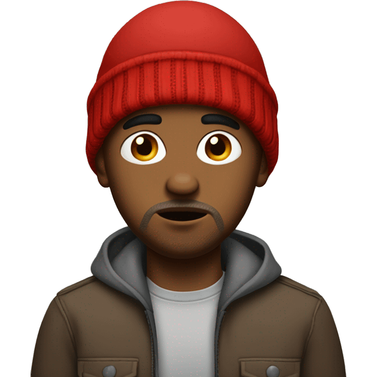 Brown skinned man with gray lips and a red beanie feeling worried  emoji