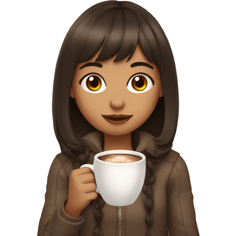 Girl with bangs sipping hot coco brown hair emoji