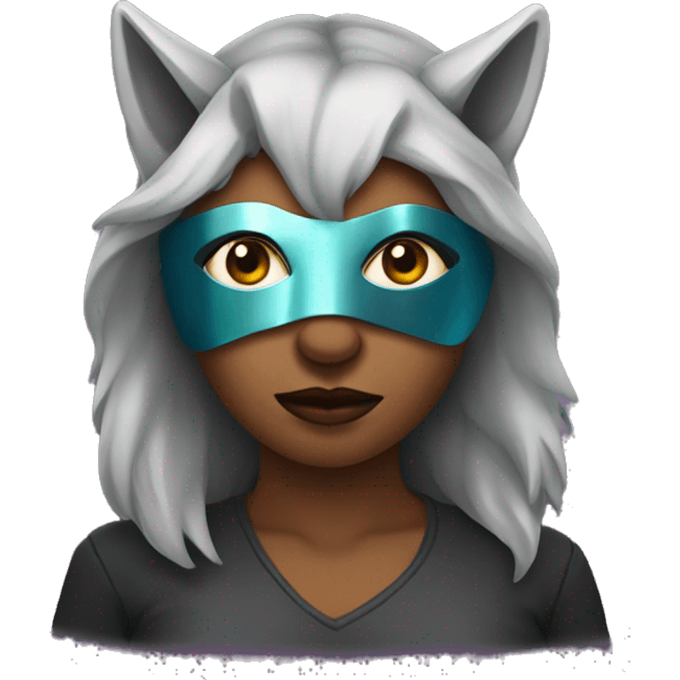 Woman wearing Dark iridescent wolf mask emoji