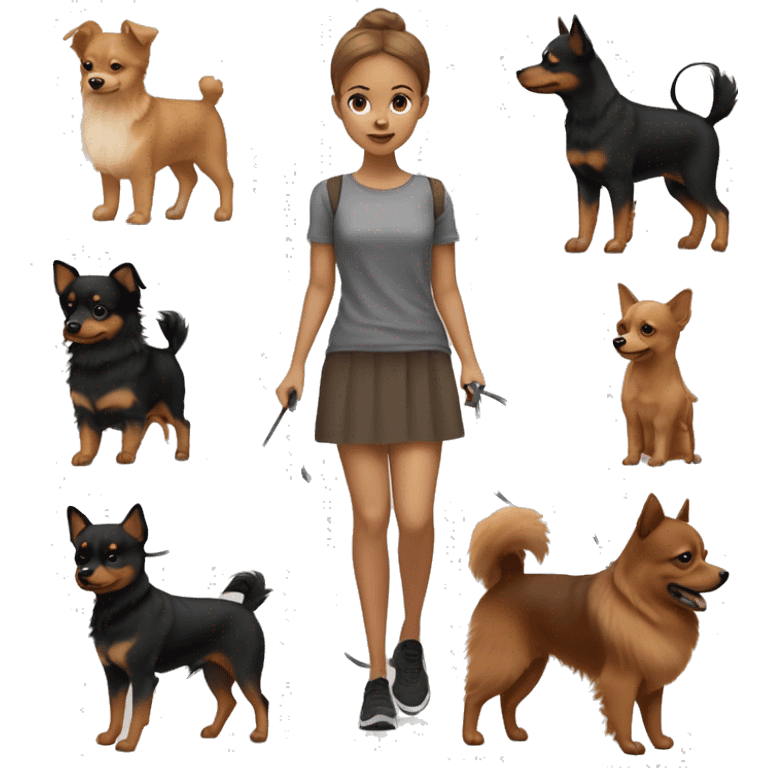 A light brown haired girl, walking one mini black and tan miniature Pinscher and one very big fluffy light brown Spitz on the lead emoji