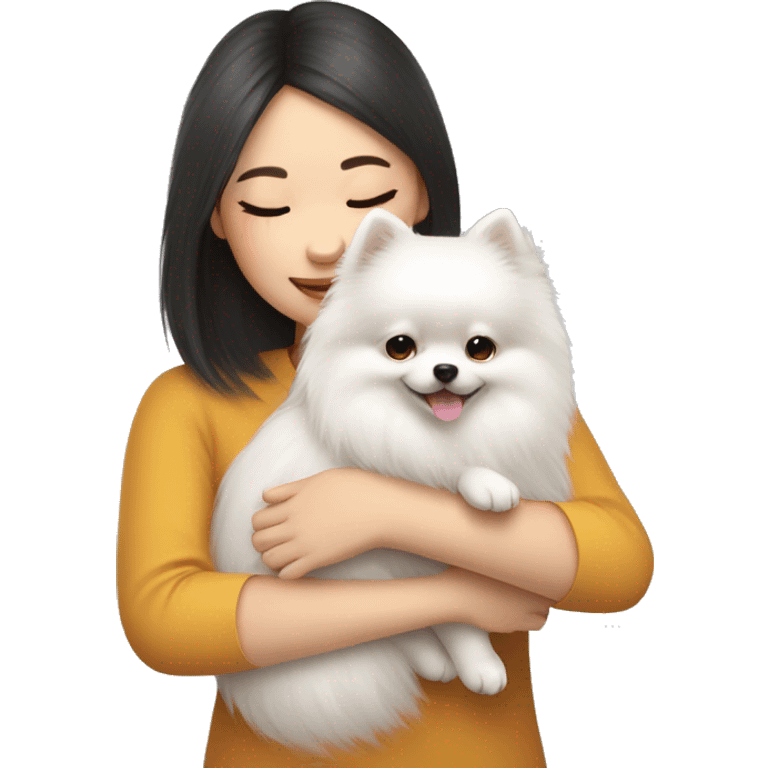 Chinese girl hug white Pomeranian emoji