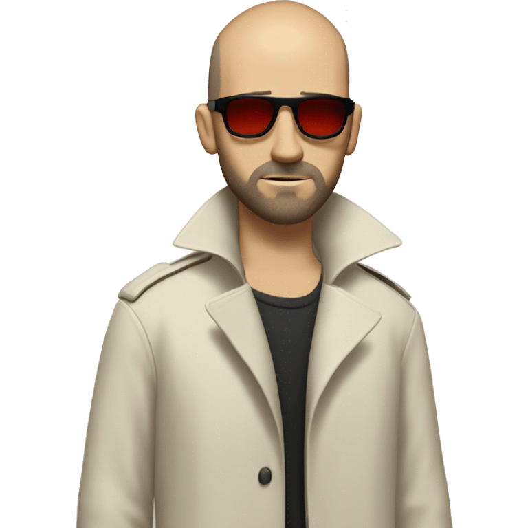 <excerpt>
A white man with real buzz cut Black hair, beard stubble donning small red tinted sun glasses in a dirty white trench coat, is serious.
</excerpt> emoji