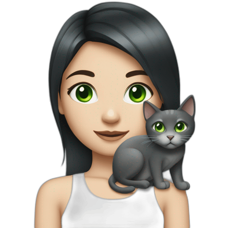 Girl has got black hair and green eyes with gray cat emoji