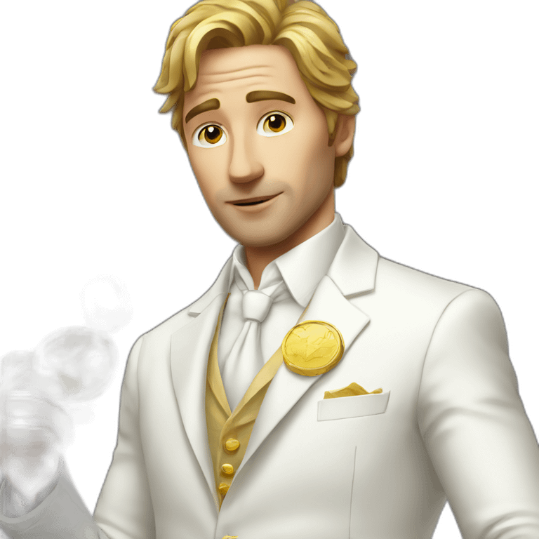 Posh-man-with-white-suit-holding-golden-coins emoji