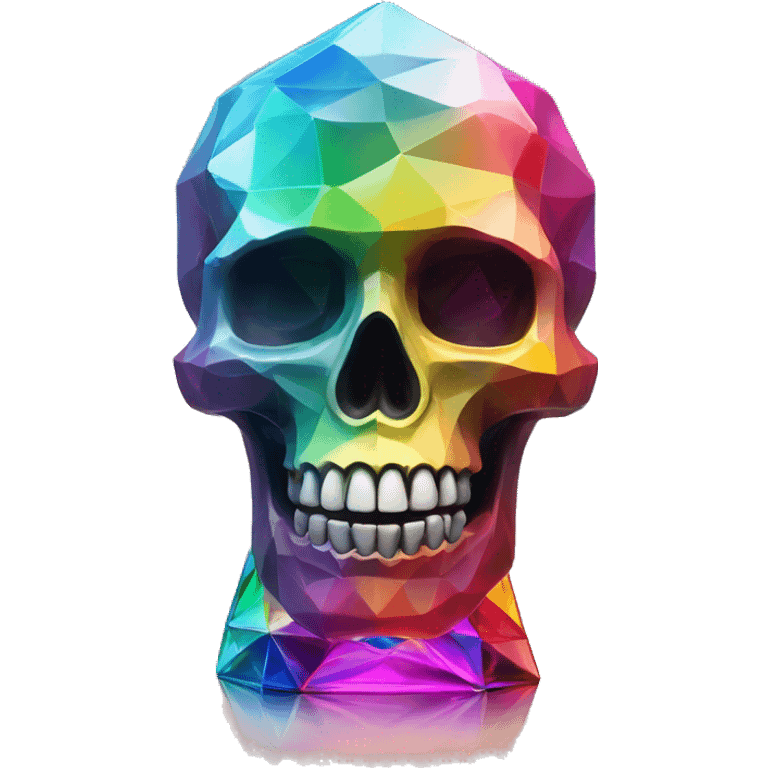 symbolic skull sculpture symbolizing chromatic light with a geometric, faceted design. The bottle is standing upright with angular and baroque features. The vibrant rainbow of colors highlights the sharp edges and planes.  emoji