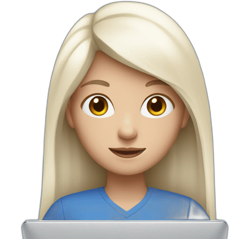 Girl with white skin in blue clothes behind laptop  emoji