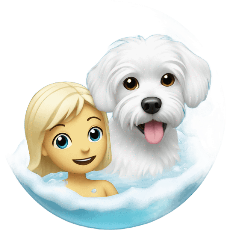 white maltese dog in bubble bath with blonde lady emoji