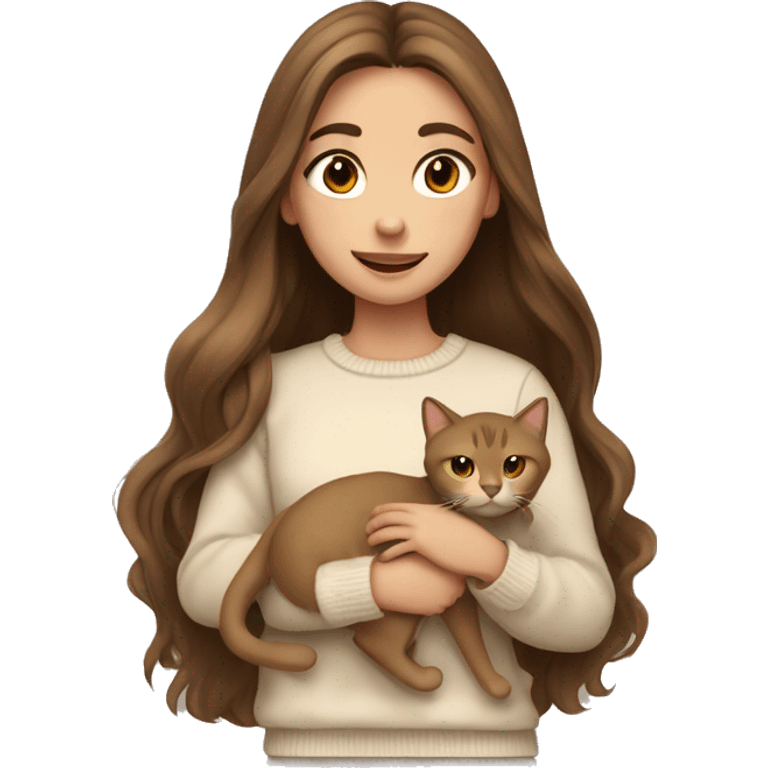 A girl with long brown hair, brown eyes, a begie jumper and she holding ha light brown cat emoji