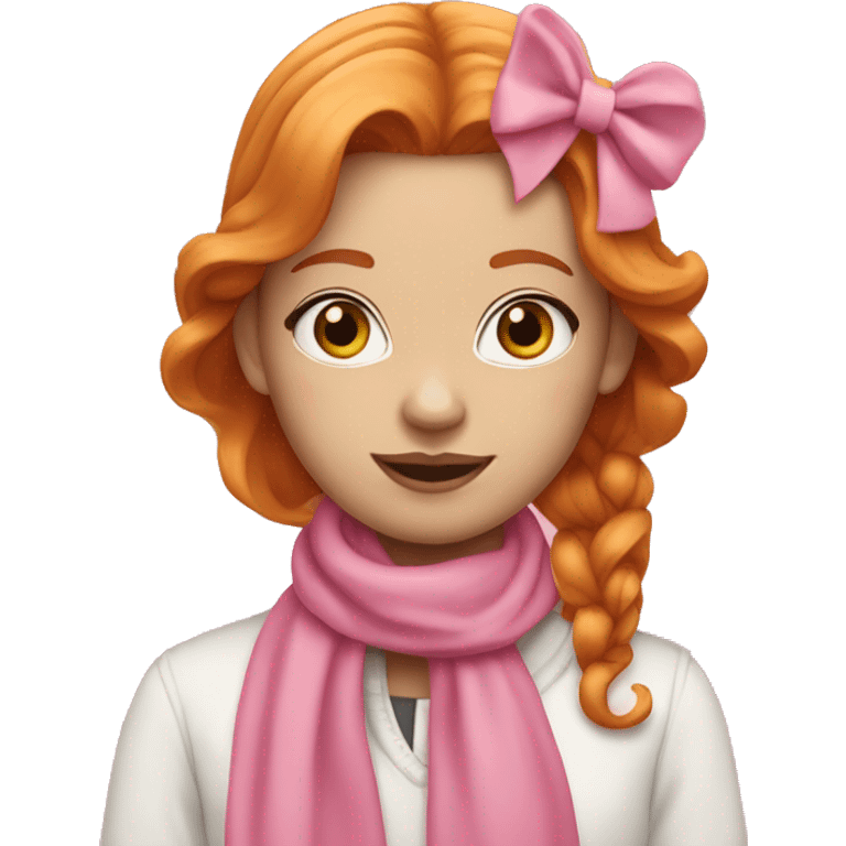 A ginger girl with a pink scarf a pink bow and pink nails emoji