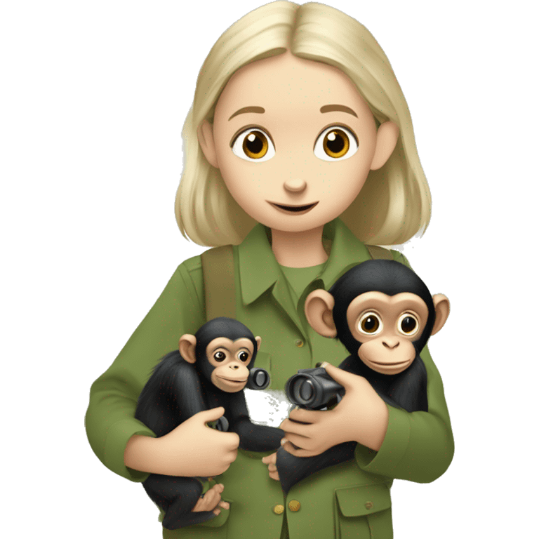 young Jane Goodall with binoculars and a baby chimpanzee emoji