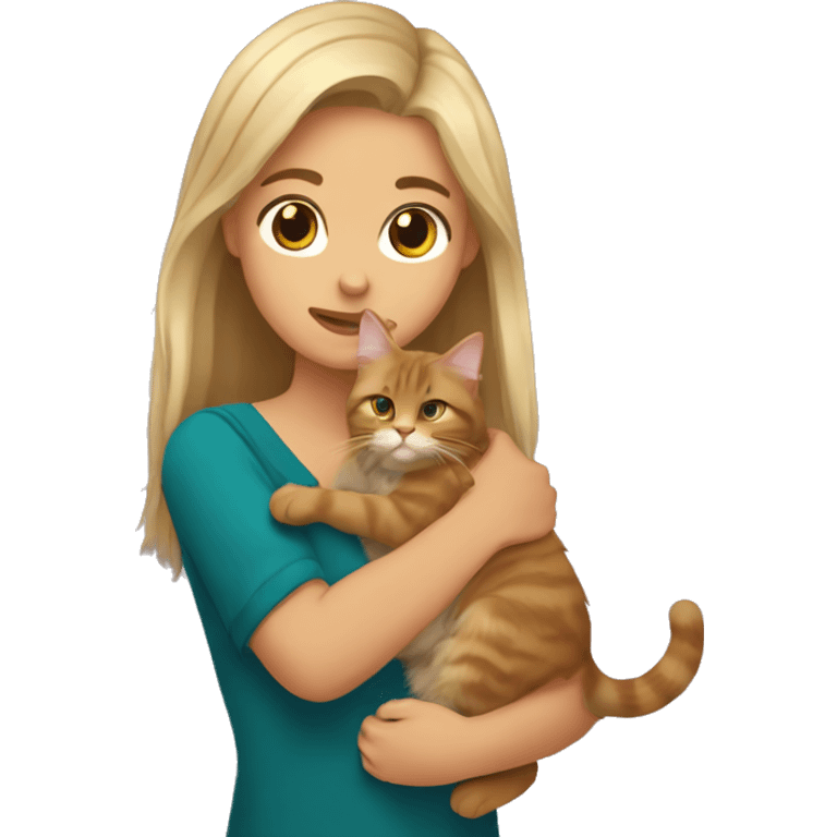 A blonde girl holds a brown Maine Coon cat in her arms emoji