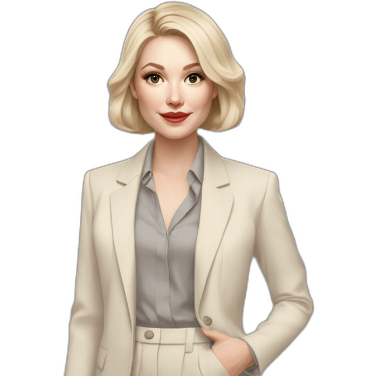 pale skin woman with ash blonde Straightened bob Hair, White Spacious classical jacket, beige palazzo Arrow pants and gray blouse holding a color palettes in the hands emoji