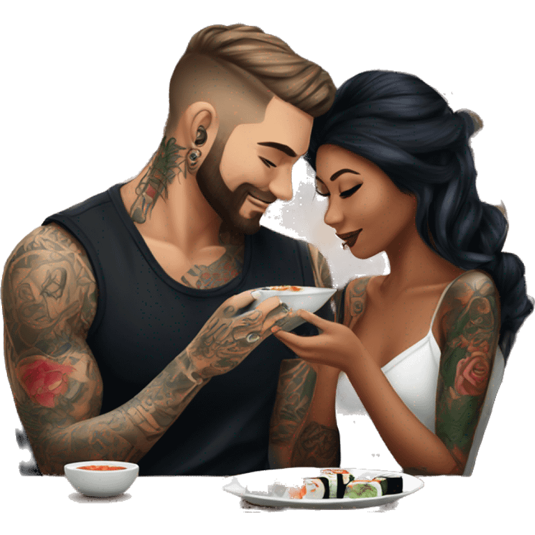 Romantic sushi dinner date for beautiful tattooed couple emoji