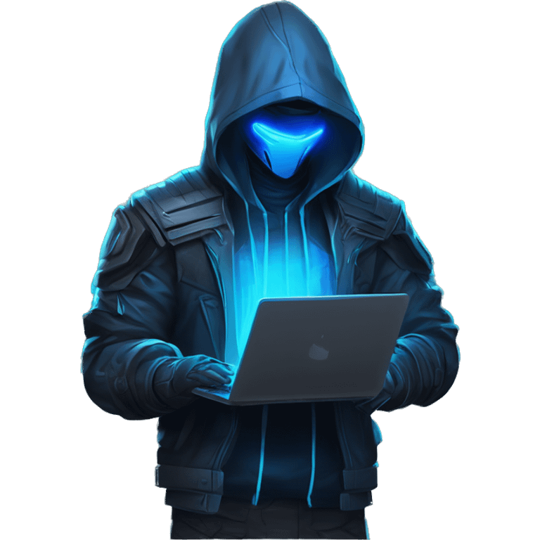 developer behind his laptop with this style : crysis Cyberpunk Riot Games Valorant neon glowing bright blue character blue black hooded assassin themed character emoji