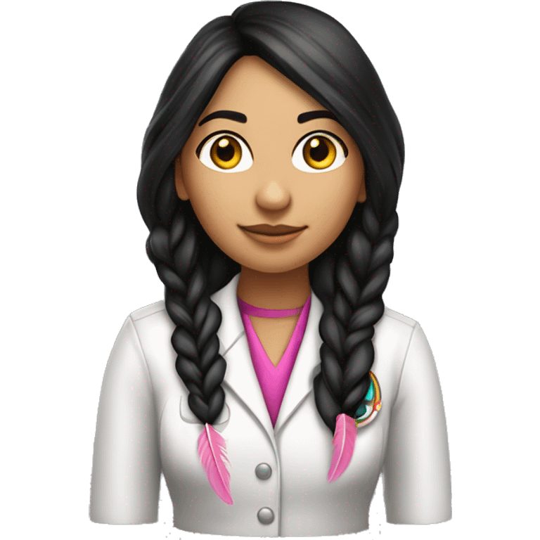  young beautiful Native American female idol scientist with feather earrings & long black hair with pink accents emoji